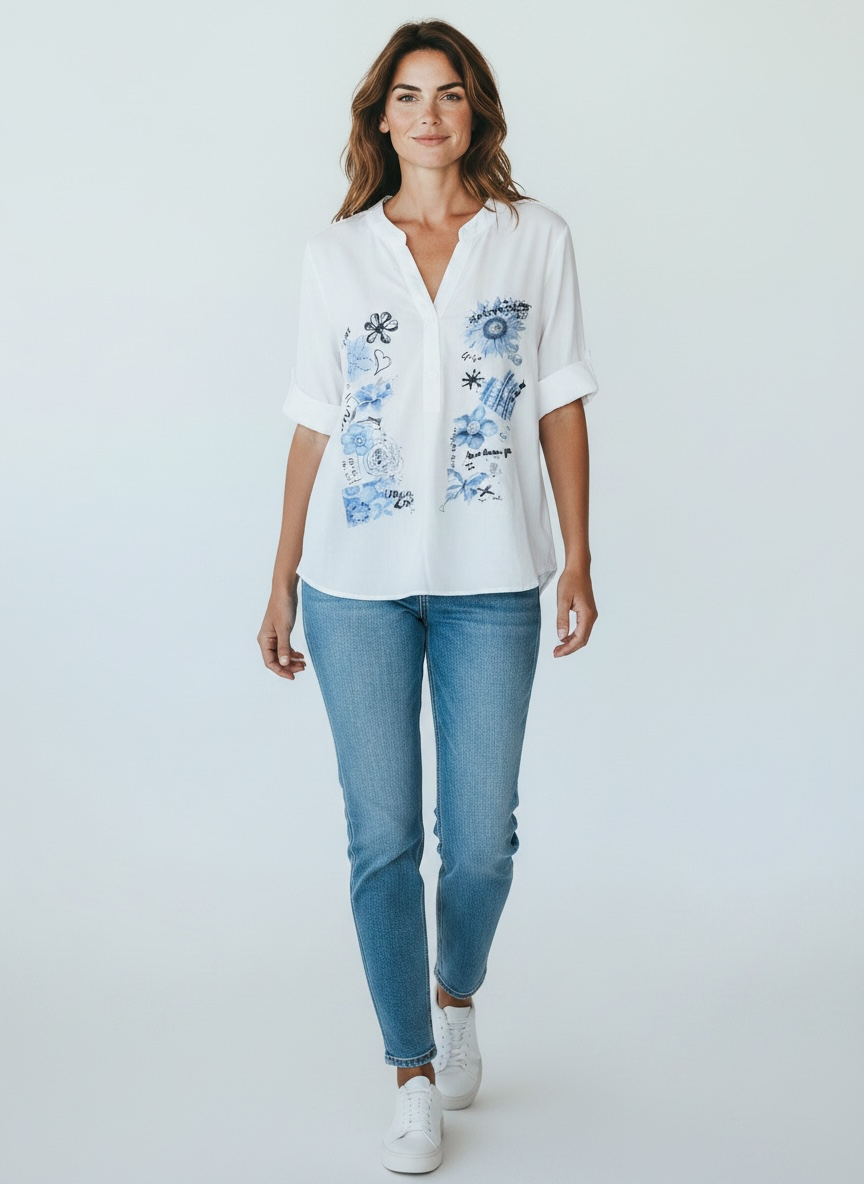 Bluse Blue Flowers - Weiß
